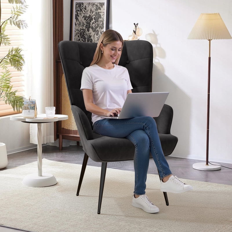 Hawsaiy High Back Velvet Accent Chair Set of 2 with Metal Legs, Modern Mid Century Armchair, Wingback Reading Chair for Bedroom Living Room,Black