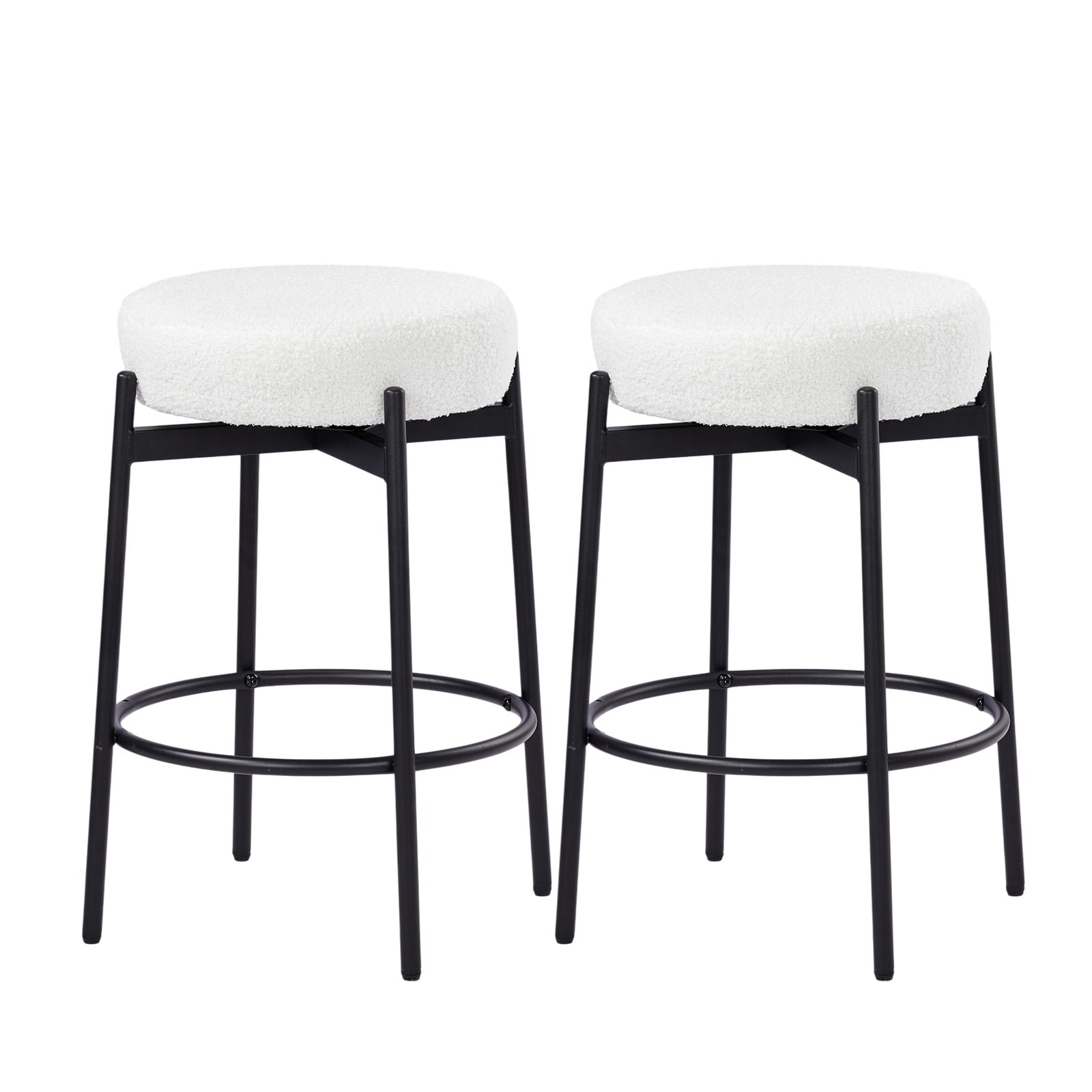 Ktaxon 24" Backless Bar Stools Set of 2, Modern Swivel Barstools with Footrest, Teddy Fleece Padded Counter Height Barstool Chairs 2 pcs, White