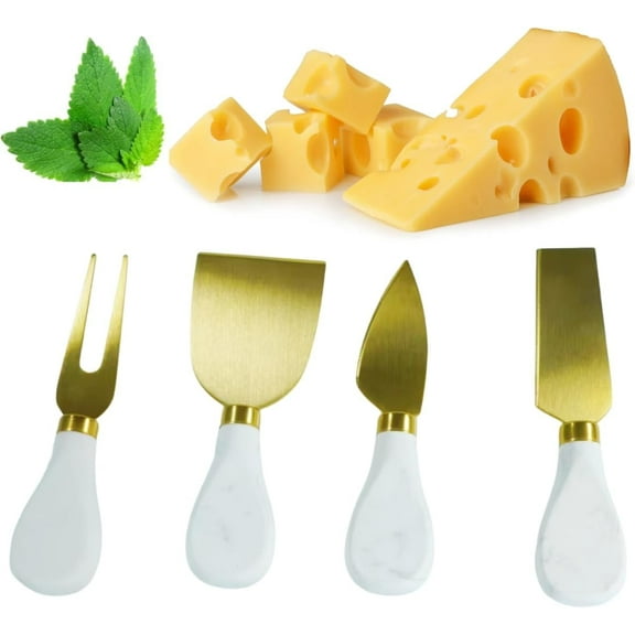 i Kito Small Cheese Knife Serving Set for Charcuterie Board, Butter Knife Set of 4, Cream Cheese Set Gold with Marble Handle Housewarming Gift