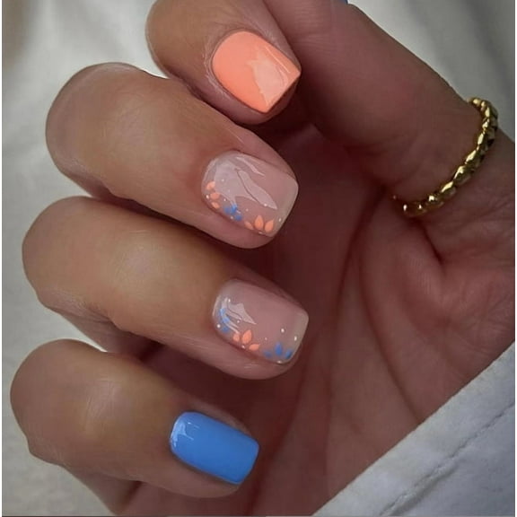 YTTAL Summer Press on Nails Medium Square Fake Nails Acrylic Nails Glossy Glue on Nails Squoval Artificial Nails French Tip Stick on False Nails 24 pcs