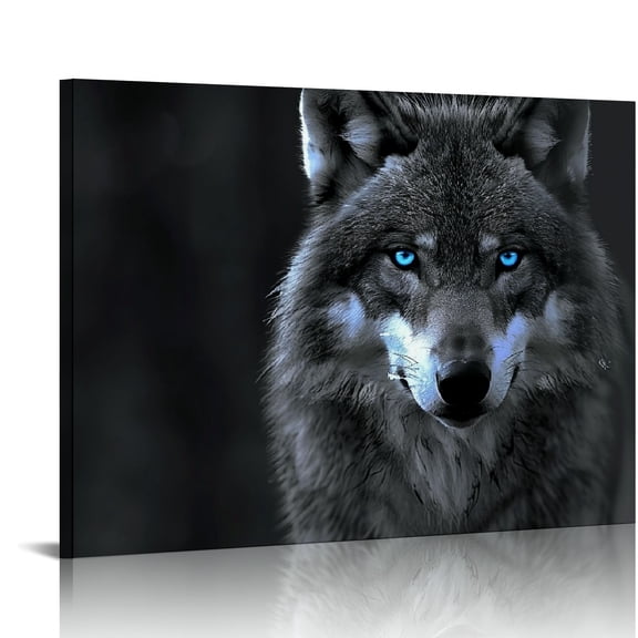 JRXY Black and White Animal Canvas Wall Art Wild Wolf with Blue Eyes Picture Painting Print Modern Framed Poster Artwork for Living Room Bedroom Kitchen Kids Room Home Decor 20x16in
