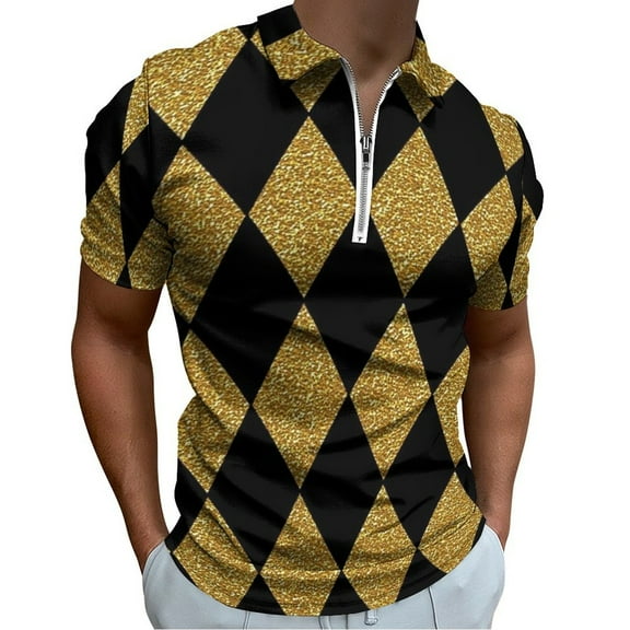 Black And Gold Harlequin Men Zipper T-shirt Summer Casual Short Sleeve T-shirt Top