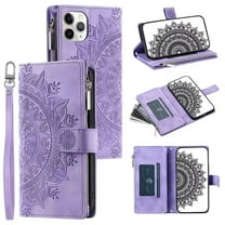 For iPhone 12 Pro Max Wallet Case,PU Leather Pressed Sunflowers Leather Zipper Flip Wallet Multi Card Slots Photo Frame Phone Bag Case , Light Purple