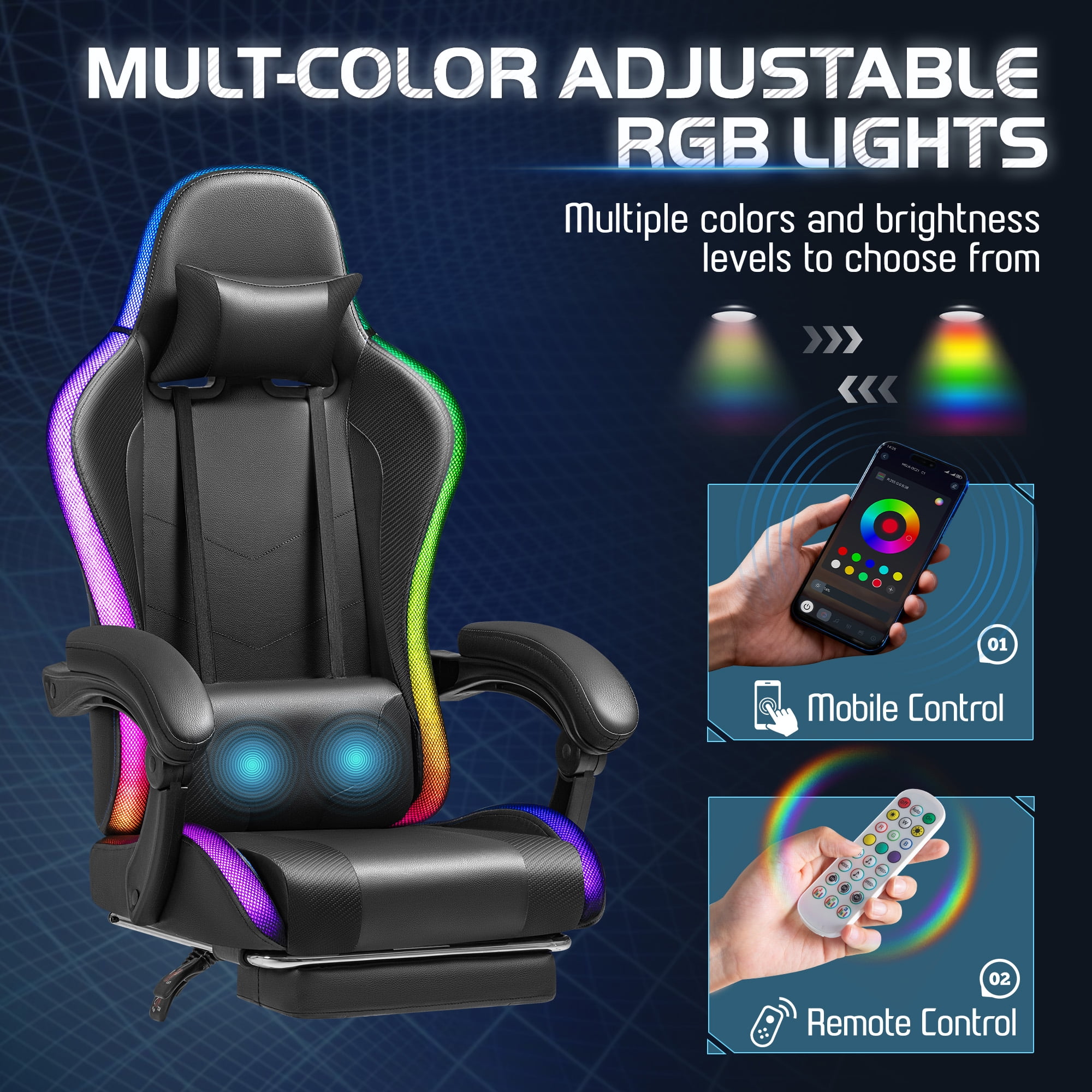 Homall RGB Gaming Chair with APP & Remote Control, LED Lights Ergonomic Computer Chair with Footrest & Massage Lumbar Support, Black