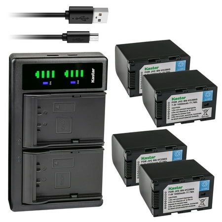 Kastar 4-Pack Battery and LTD2 USB Charger Compatible with JVC BN-VC264G BN-VC296G Battery JVC AA-VC20 AA-VC20E AA-VC20U Battery Charger JVC CONNECTED CAM GY-HC500E GY-HC500U Camcorder