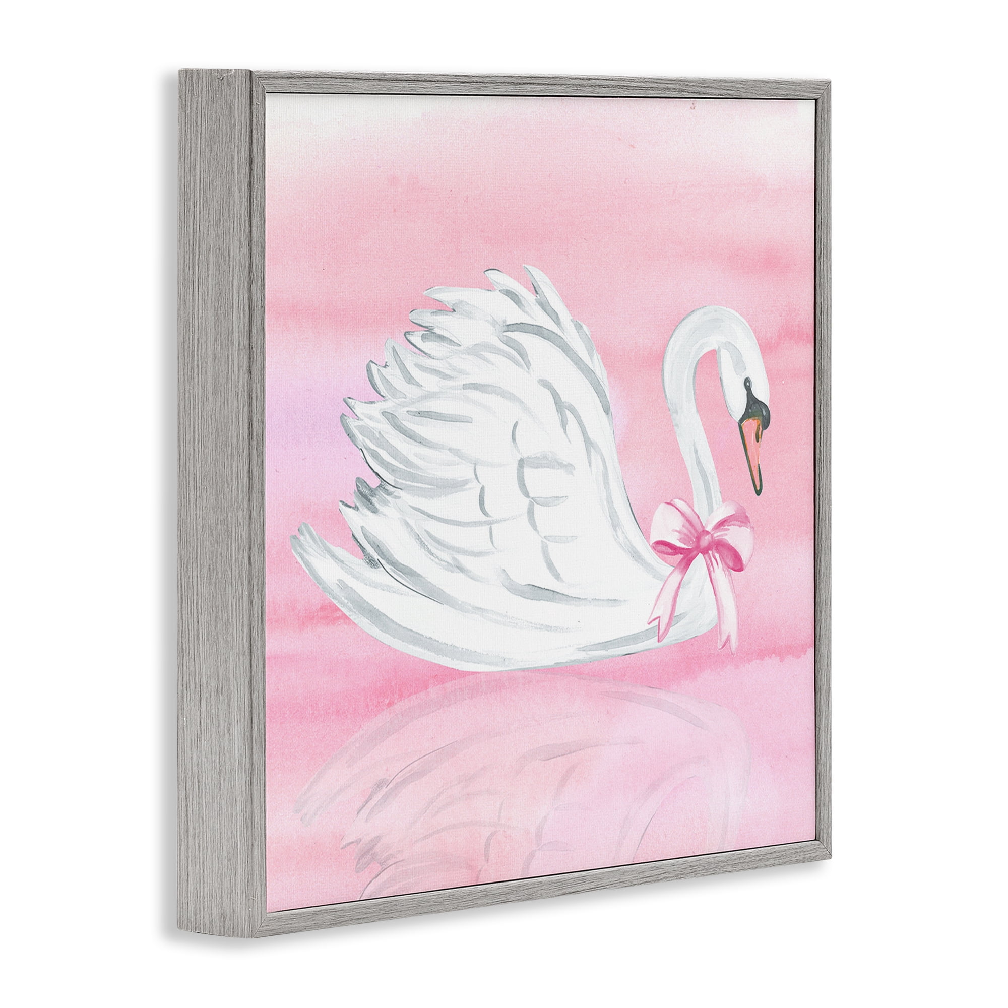 Stupell Industries Pink Bow Swan Gray Framed Giclee Art, design by Corinne Haig