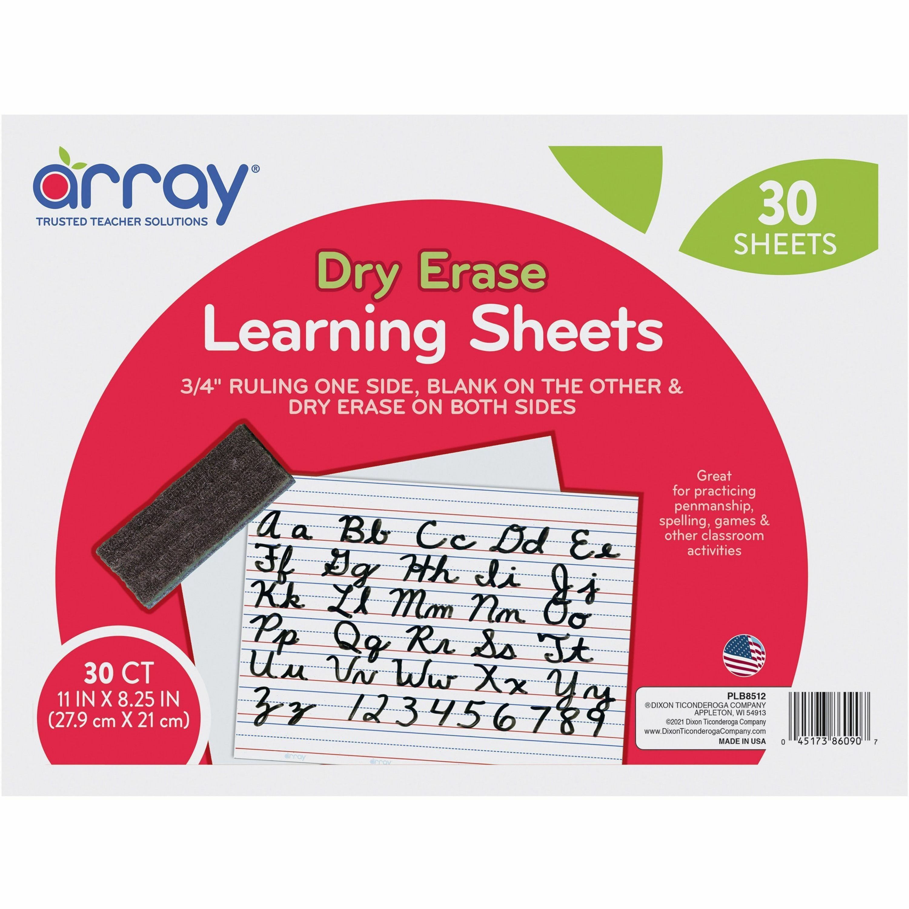 Array Dry Erase Learning Sheets, Non-Adhesive, White, 3/4" x 3/8" x 1/4" Ruled, 11" x 8-1/4", 30 Sheets