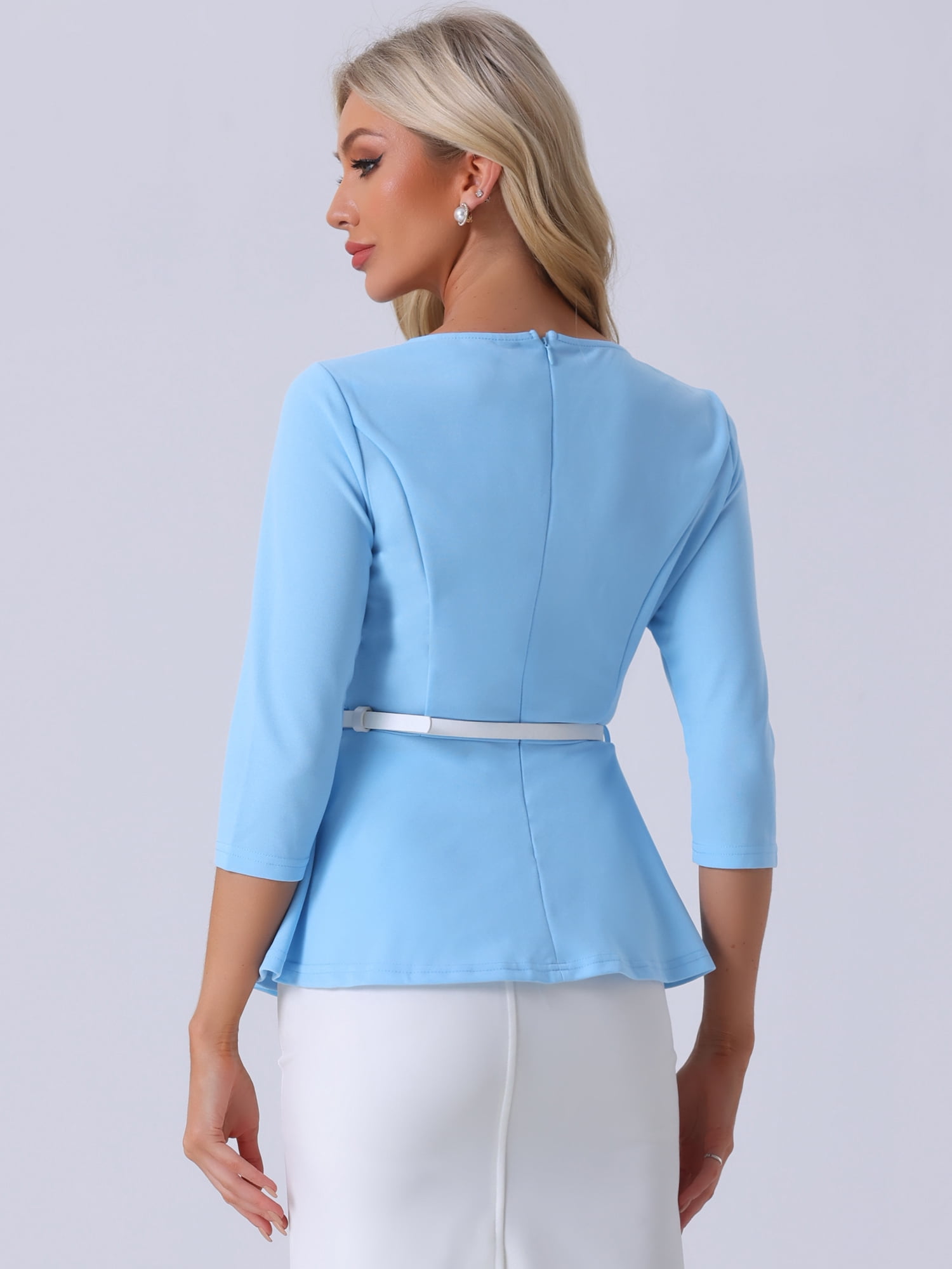 DARING DIVA Women's Round Neck 3/4 Sleeve Elegant Work Peplum Tops S Sky Blue