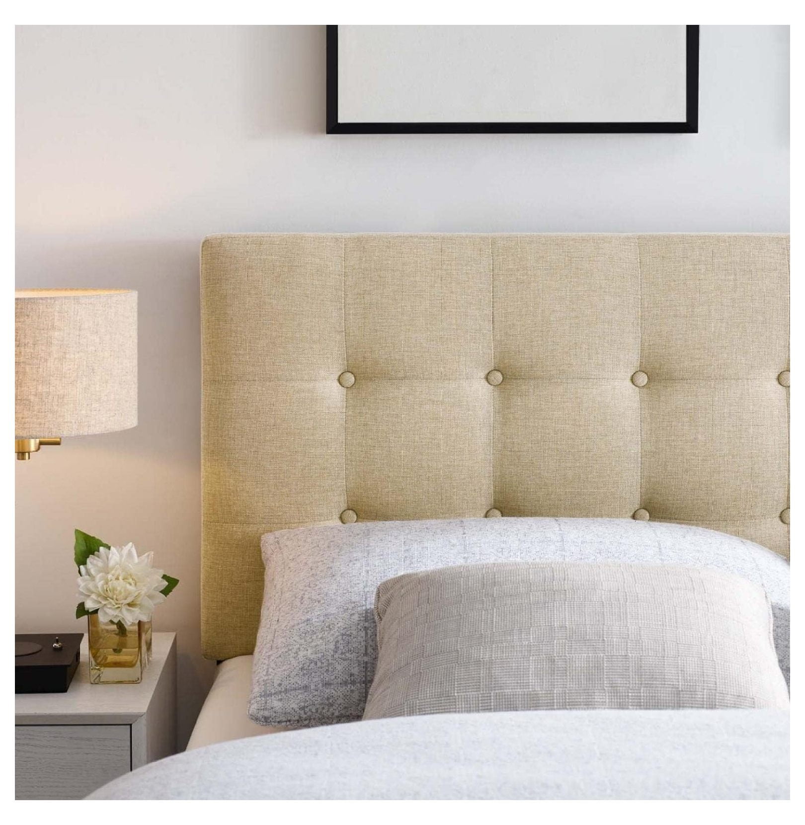 Exlonjet Emily Tufted Button Linen Fabric Upholstered Full Headboard in Beige