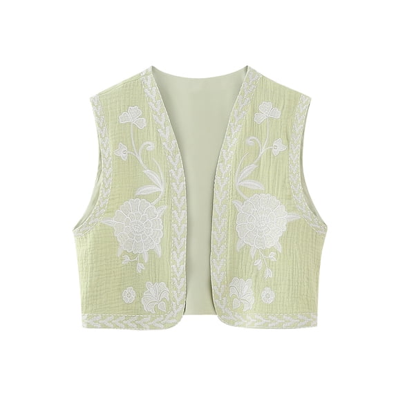 Douhoow Women Vintage Embroidery Floral Vest Sleeveless Open Front Gilet Cardigan Tops