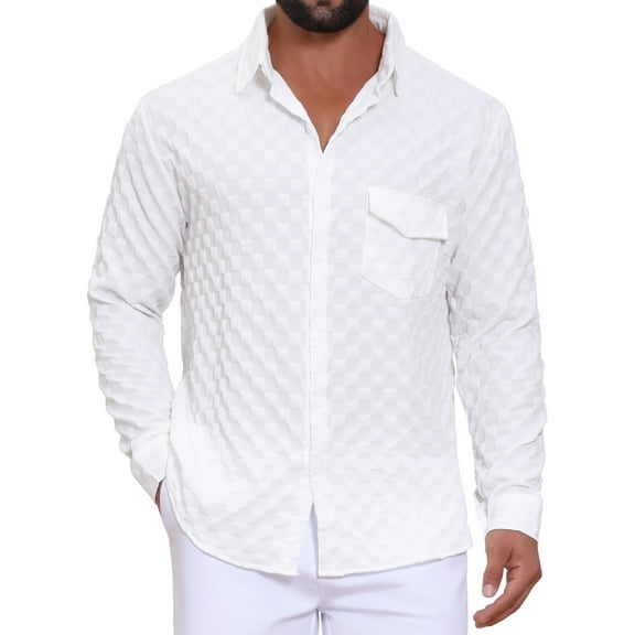 INSPIRE CHIC Men's Plaid Textured Shirt Casual Solid Pocket Long Sleeve Shirt M White
