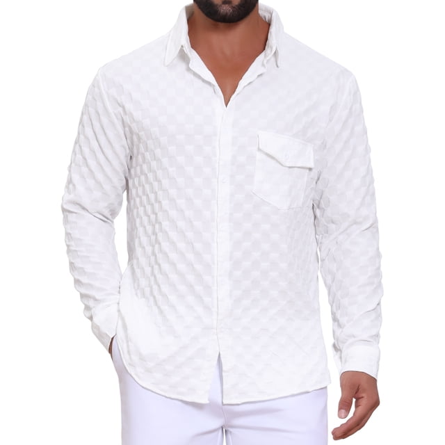 Camisa de hombre de cuadros texturizada Inspire Chic, camisa casual de manga larga con bolsillo, talla XL, blanca