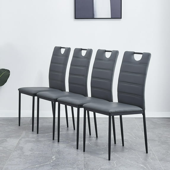 LANTRO JS A set of 4 leather dining chairs with cushion and high back, painted metal legs, suitable for dining room, kitchen and living room X4 (LIGHT GREY)
