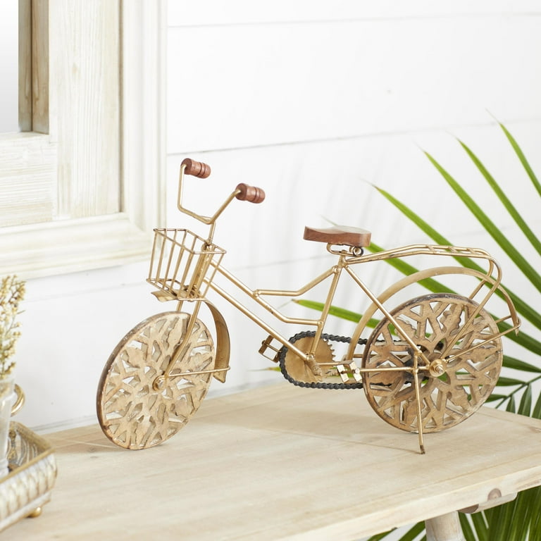 19 x 12 Gold Metal Bike Sculpture with Carved Wood Wheels by DecMode Walmart