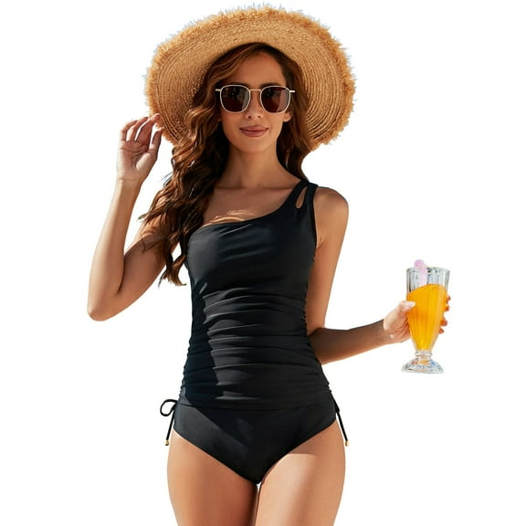 SWSMCLT Women's Sexy One Piece Bathing Suit Open Back Swimwear Drawstring Swimsuit Cheeky Swimming Padded One Shoulder Black Large