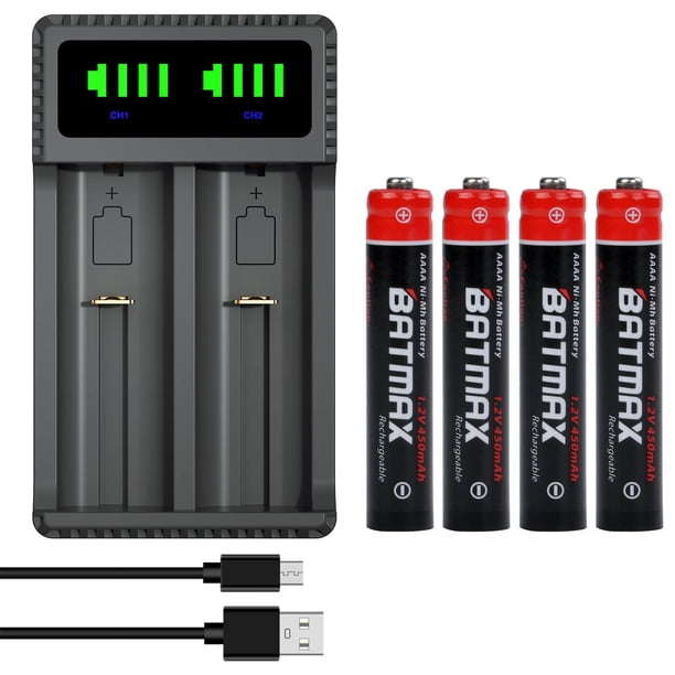 Batmax 4 pilas recargables AAAA Ni-MH + cargador USB dual LED con puerto tipo C para lápiz óptico activo y más; A, AA, AAA, AAAA, AAAA, AAAA, N tamaño, C ba