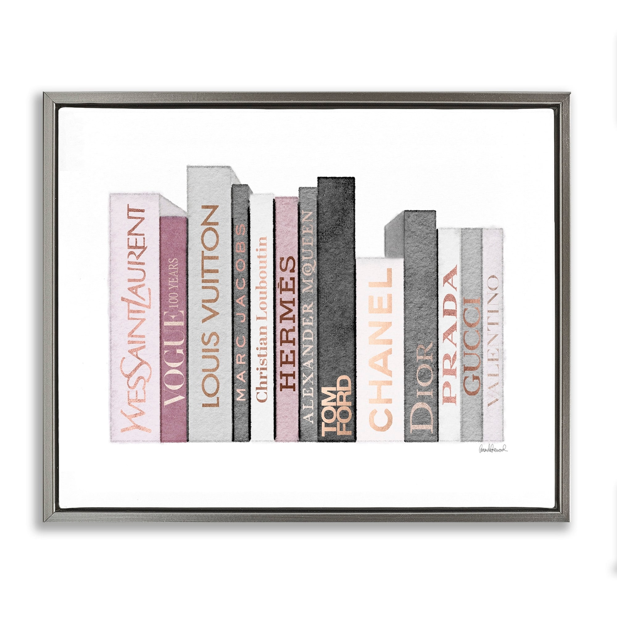 Stupell Industries Fashion Designer Bookstack Pink Grey Watercolor Luster Gray Framed Floating Canvas Wall Art, 24x30, by Amanda Greenwood