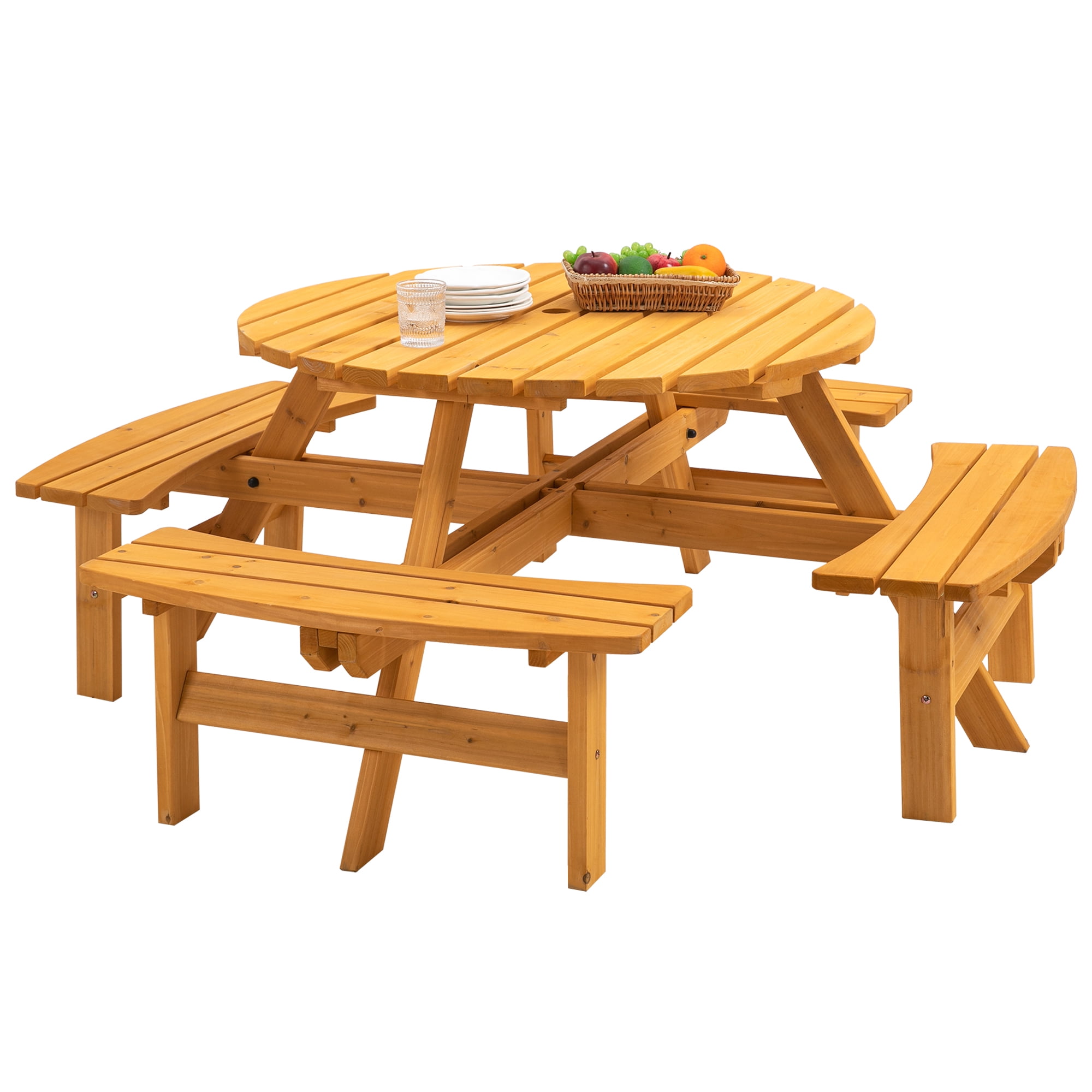 8‑Person Solid Fir Wood Round Picnic Table with 4 Built‑in Curved Benches, Outdoor Patio Dining Table with 2” Umbrella Hole, 2220lb Total Capacity, Natural Finish