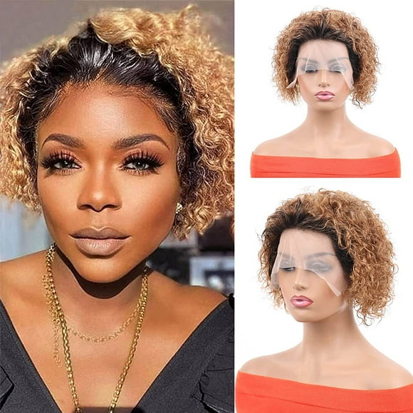 1B/30 Curly Pixie Cut Wigs 13x1 Lace Front Wigs for Women Transparent Lace Wig Human Hair Ombre Short Remy Curly Wigs Pre Plucked 6 Inch