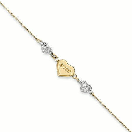 14K White And Yellow Gold Puffed LOVE Heart and Diamond-cuts Hearts Bracelet, 7