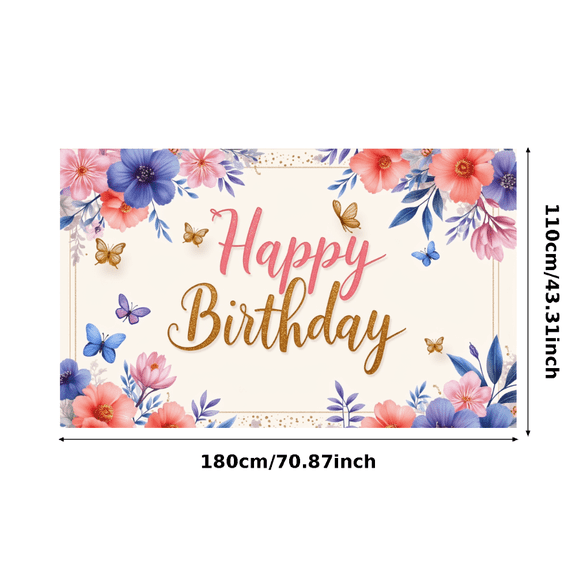 Floral Design Happy Birthday Banner Butterfly Decoration Elegant Flowers Whimsical Theme for Birthday Celebration Indoor Decoration Party Backdrop