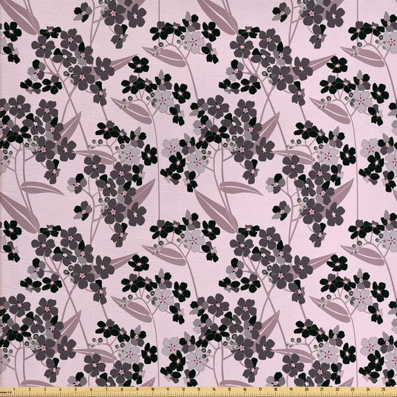 Botanical Sofa Upholstery Fabric by the Yard, Abstract Forget Me Not Inflorescence Burgeoning Twigs Gentle Spring, Decorative Fabric for DIY and Home Accents, Pale Pink Black Taupe by Ambesonne