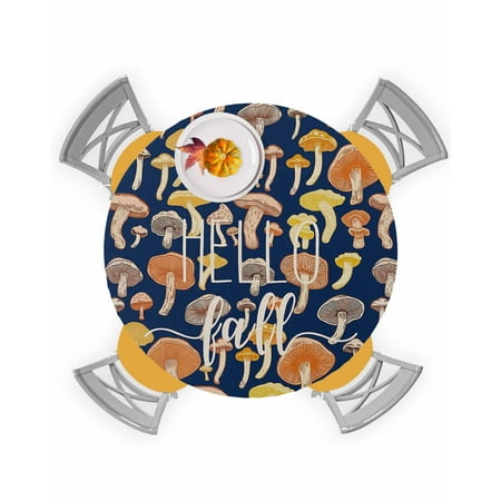 

Round Tablecloth with Elastic Hello Fall Thanksgiving Orange Yellow Mushroom Navy Blue Waterproof Stain-proof Table Cover Wipeable Fitted Table Cloths for 45 -54 Round Tables Dining Kitchen