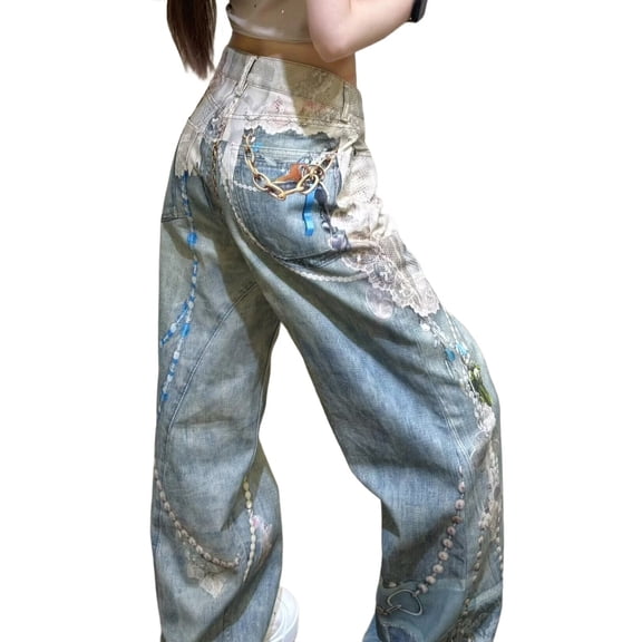 Women Mid Rise Wide Leg Jeans Baggy Floral Pants Denim Print Boho Palazzo Jeans Boyfriend NZ-N7041 Blue XL