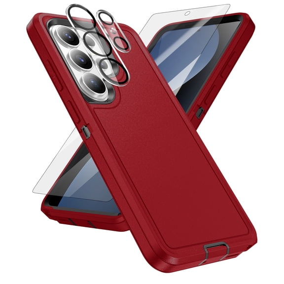 ELEHOLD Rugged Phone Case Lens Protector Screen Flim For Samsung Galaxy S26 Ultra,Heavy Duty Triple-layer Design Shockproof Rugged Protection Cover,Red Black