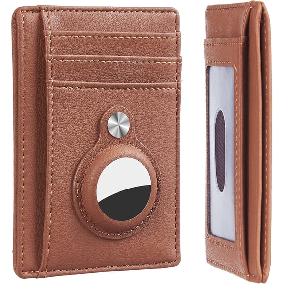 LAICAIW Slim Minimalist Wallet Front Pocket Wallet with Built-in Holder for AirTag, Brown, medium, Minimalist
