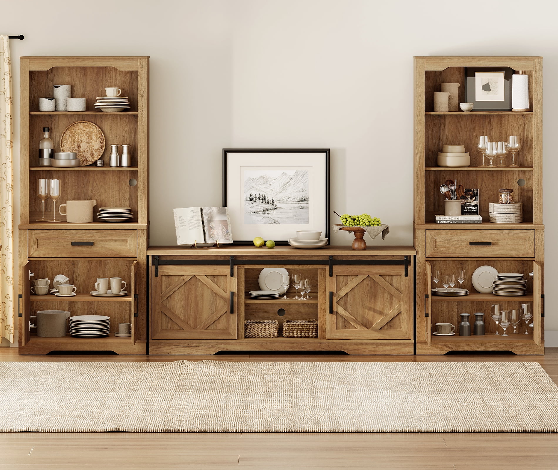 WAMPAT Farmhouse Entertainment Center with Bookshelf for TVs up to 75",Mid Century Modern TV Stand with 73"H Tall 5-Tier Bookcase with Open Storage and Barn Doors for Living Room,Bedroom,Walnut