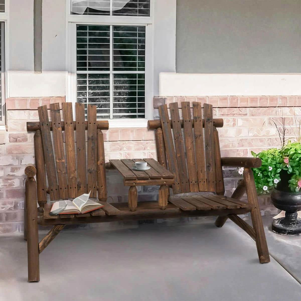 Spaco 2-Seat Wooden Adirondack Chair, Patio Bench with Table, Loveseat Fire Pit Chair for Outdoor, Brown