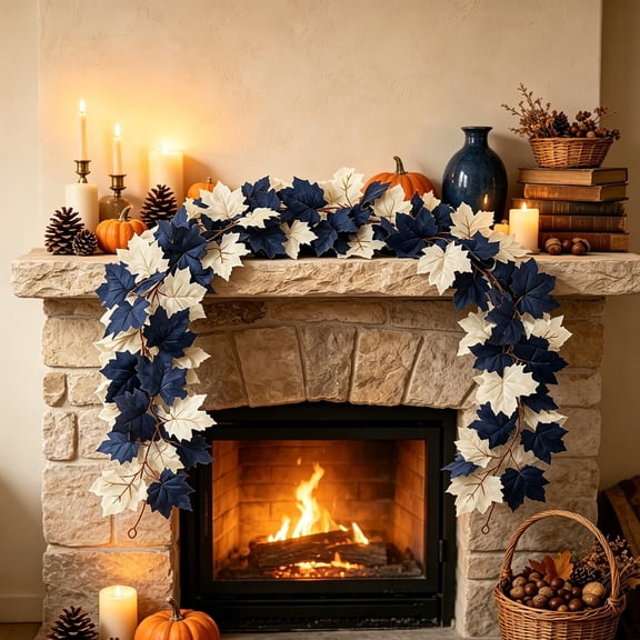 NXUJEUG 5.7ft Fall Decor Blue Garland Thanksgiving Garland Autumn Maple Leaves Wreath Hanging Rustic Decor for Front Door Kitchen Fireplace Home Indoor Outdoor