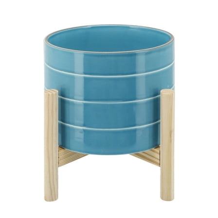 8" STRIPED PLANTER W/ WOOD STAND, SKYBLUE On-Site
