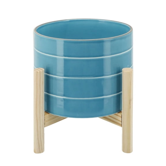 8" STRIPED PLANTER W/ WOOD STAND, SKYBLUE On-Site