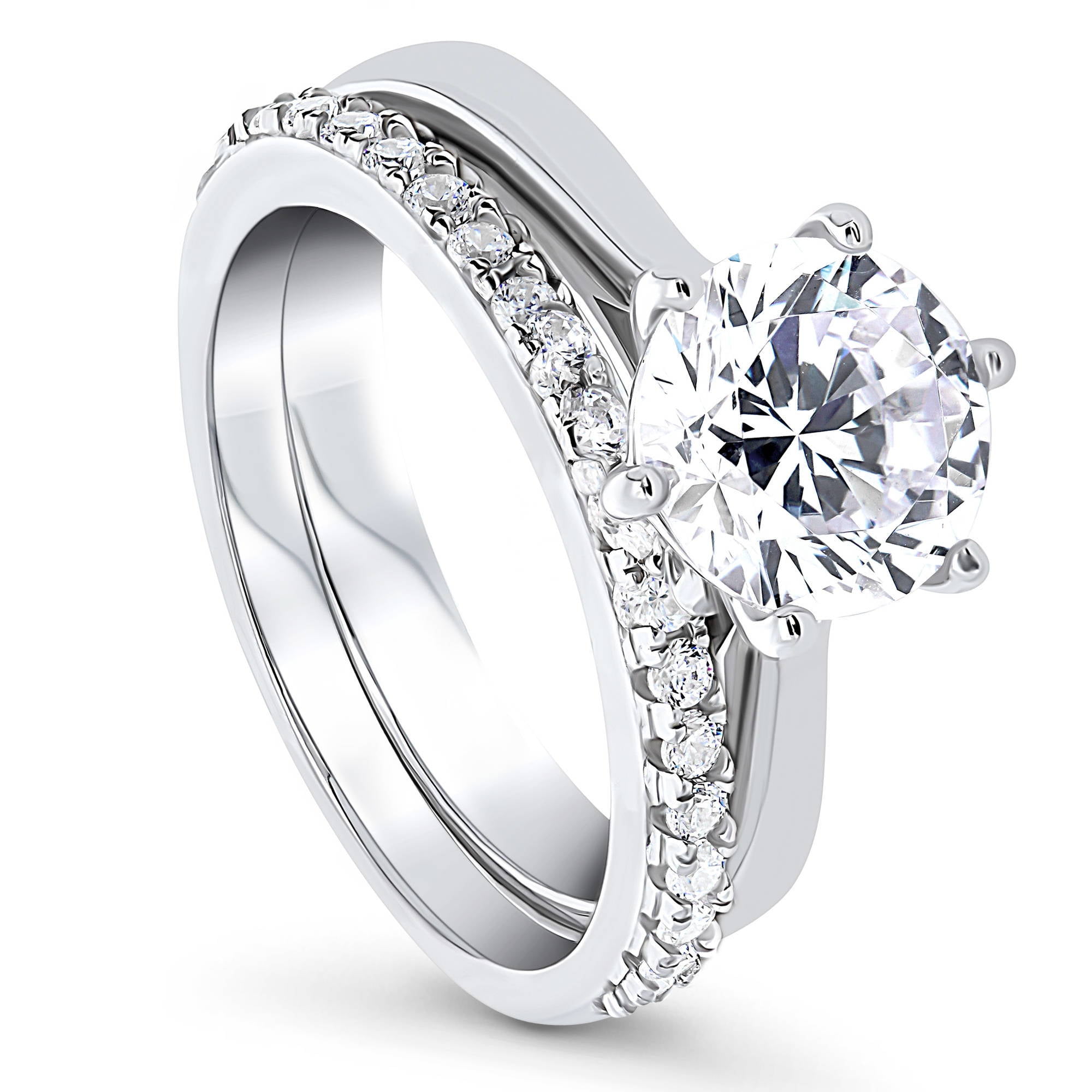BERRICLE Rhodium Plated Sterling Silver Marquise Cut Cubic Zirconia CZ Halo Engagement Wedding Split Shank Ring Set 1.52 CTW