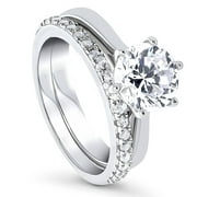 BERRICLE Rhodium Plated Sterling Silver Round Cubic Zirconia CZ Solitaire Wedding Engagement Ring Set 2.3 CTW Size 5.5