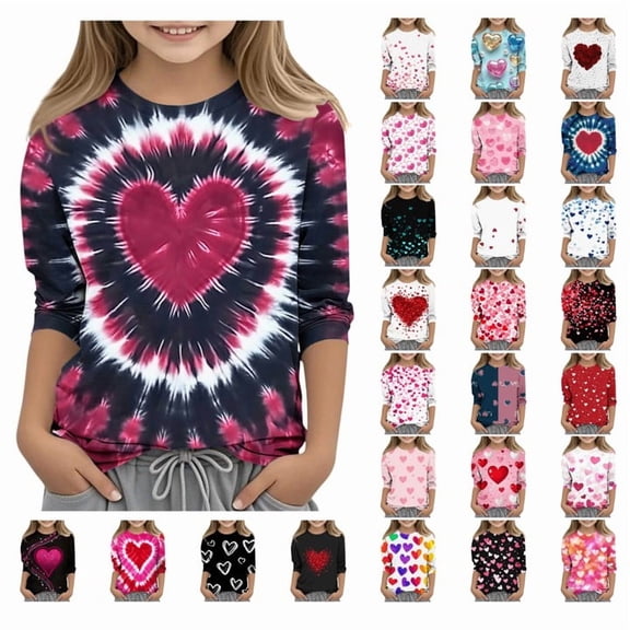 Meichang Girls Valentine's Day Shirts Heart Print Tops 3/4 Sleeve Crew Neck Romantic Tees Cute Tie Dye Print T-Shirts