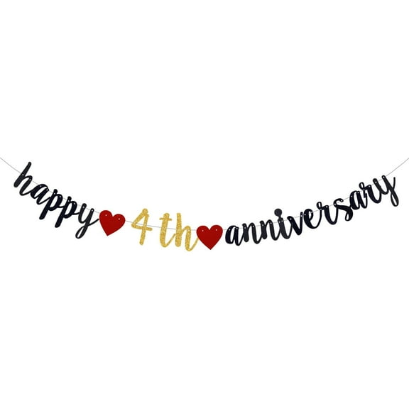 Happy 4th Anniversary Party Banner, Black Glitter 4 Years Anniversary garland,4th Wedding Anniversary Banner Party Decorations Suppilies.(Pre-Strung)