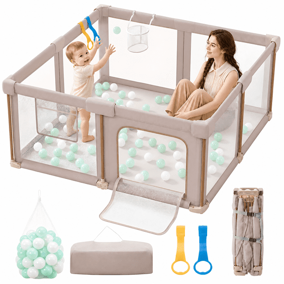 PRVAETU 51''×59'' Foldable Baby Playpen with 50 Ocean Balls,Collapsible Play Pen for Babies and Toddlers,Khaki