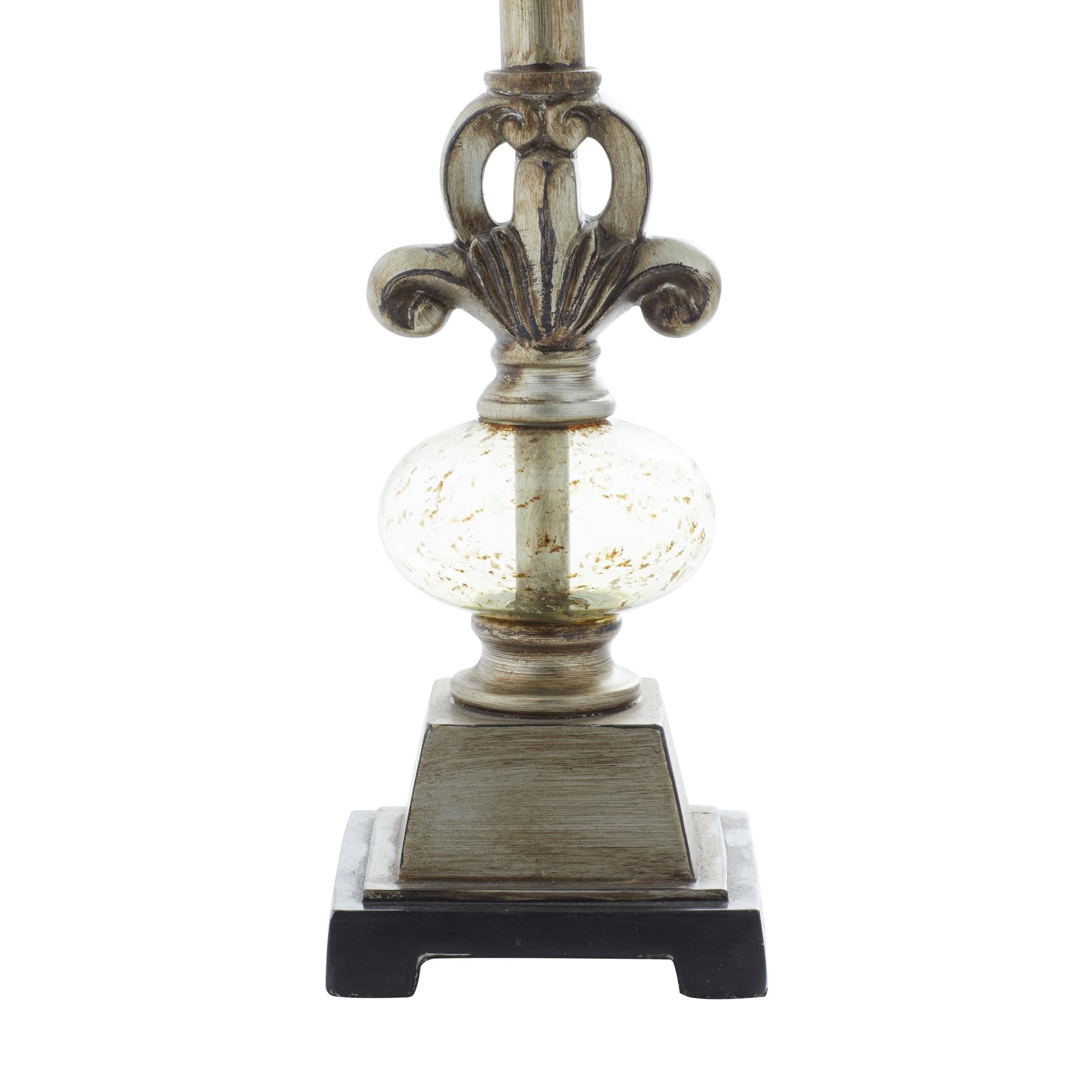 DecMode 32" Antique Style Floral Brass Buffet Lamp with Blue Linen Shade
