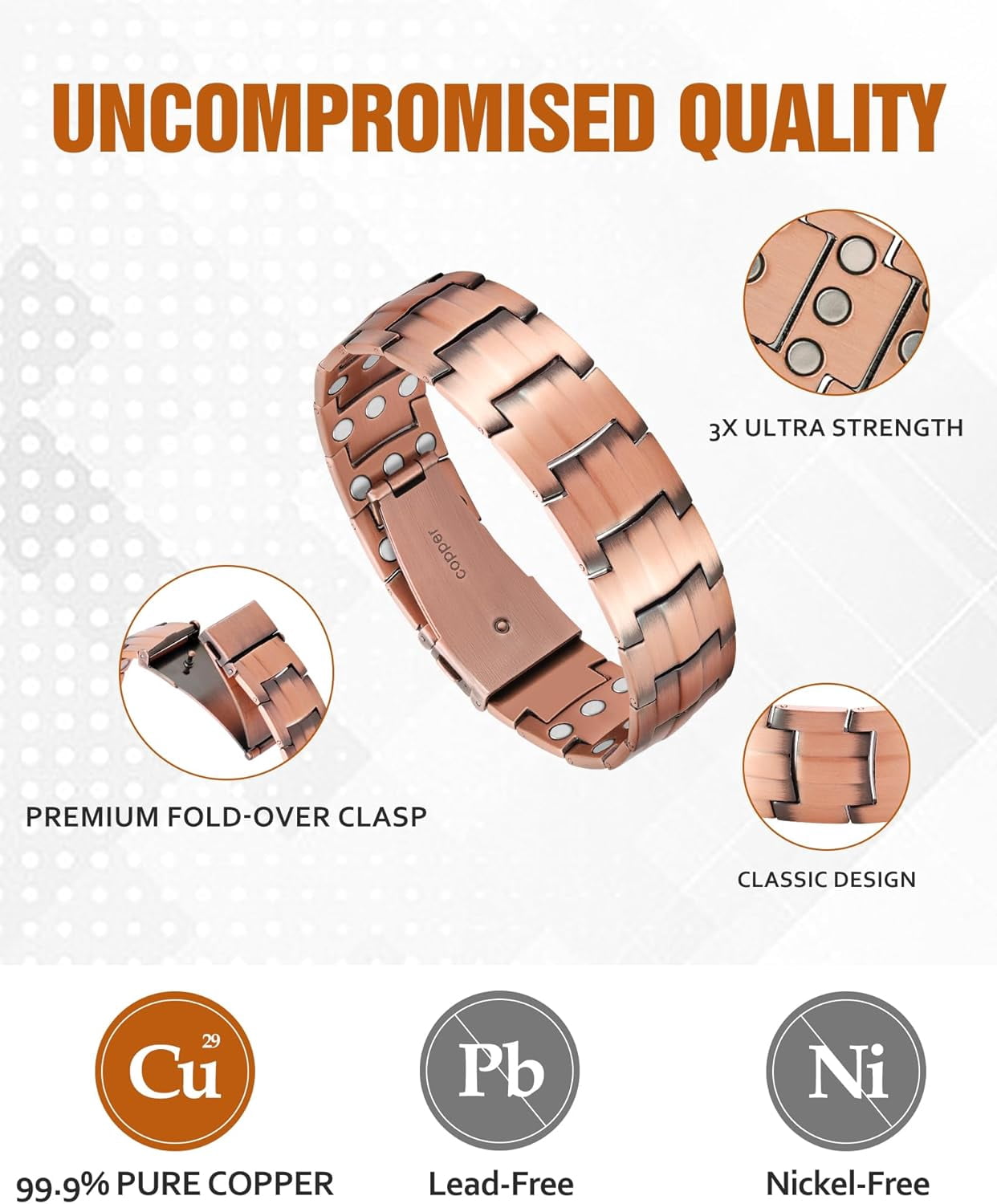 Wollet 3X Copper Magnetic Bracelet for Men – Pure Copper Jewelry with Neodymium Magnets