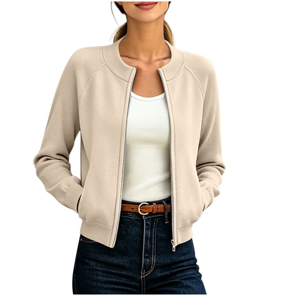 Cmfcve Sweatshirt for Women Crew Neck Long Sleeve Zip Up Sweaters Jackets Fall Fashion Loose Casual Cropped Coat with Pockets