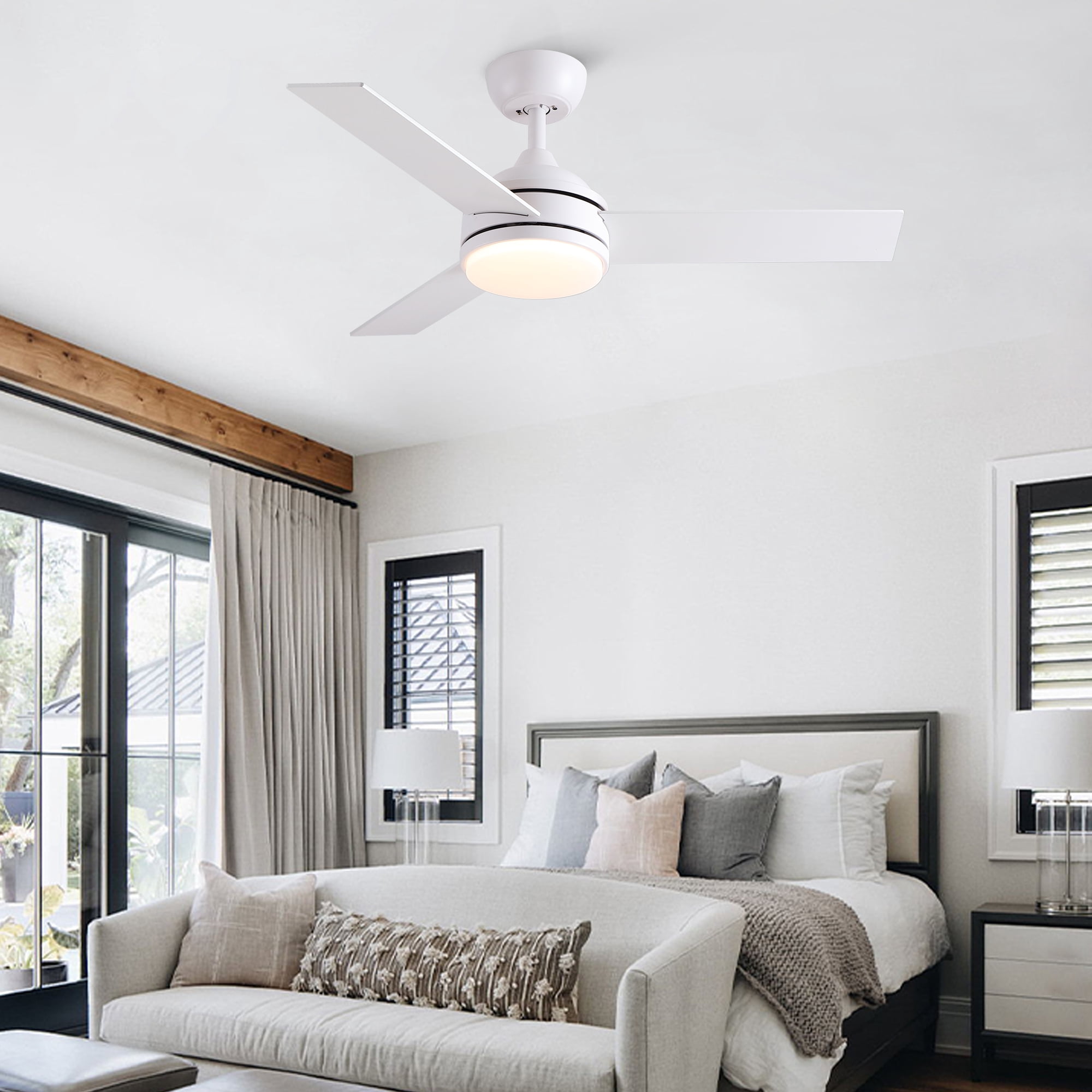 Leumius 52" White Ceiling Fan with Intergrated LED Light Kit with Remote Control, 3 Plywood Blades and Work with Smart APP for Living Room Bedroom