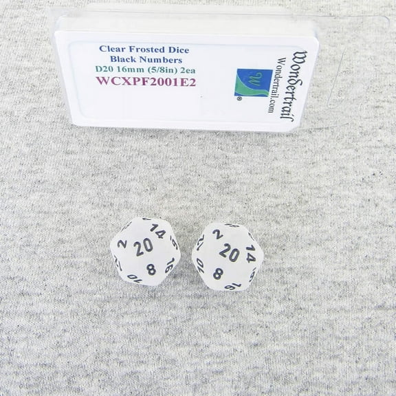 Clear Frosted Dice with Black Numbers D20 Aprox 16mm (5/8in) Pack of 2 Wondertrail