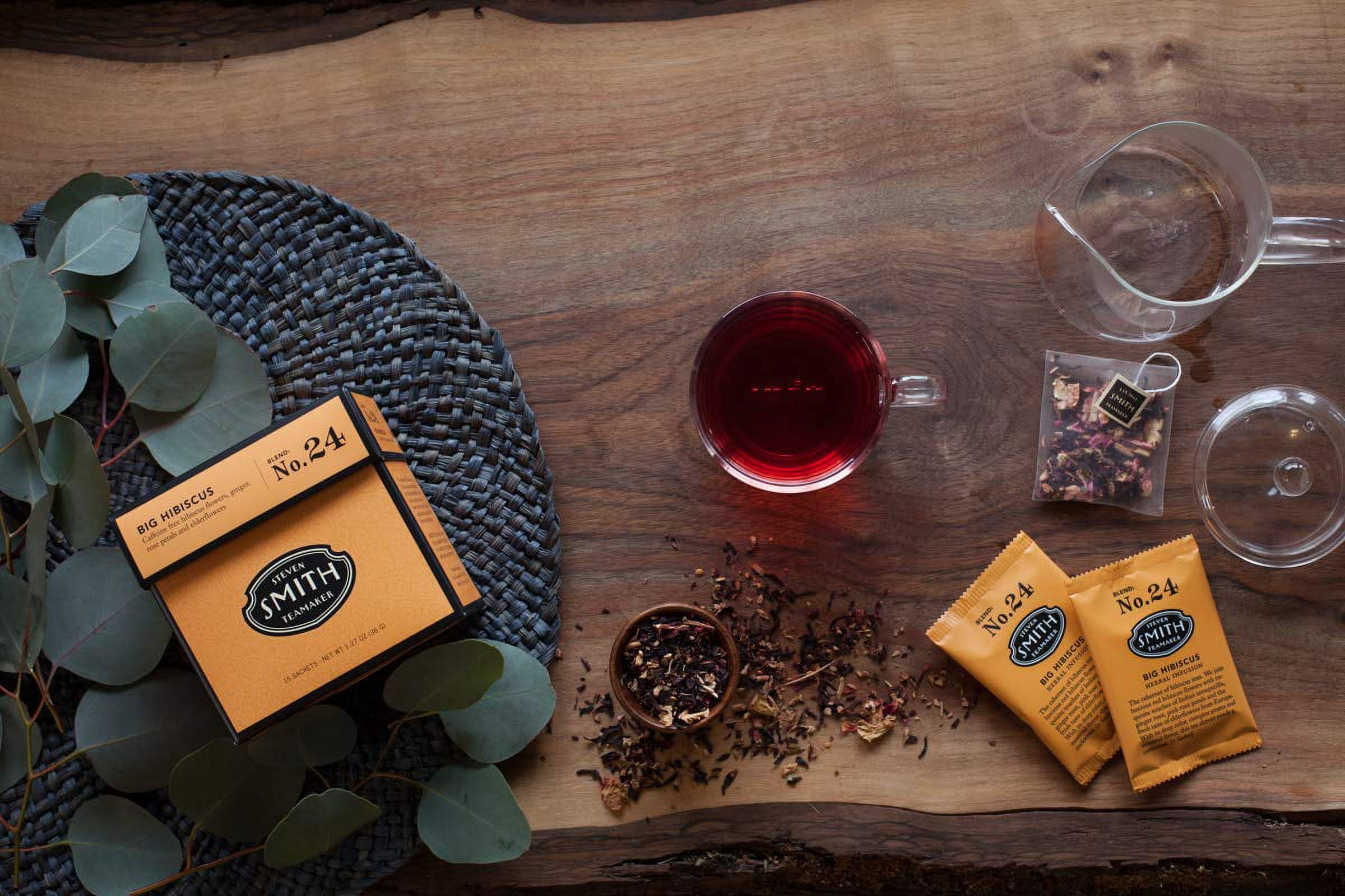 Smith Teamaker | Big Hibiscus No. 24 - Hibiscus, Ginger, Rose Petals & Elderflowers | Sugar-Free, Non-GMO, Plant Based Caffeine-Free Hibiscus Blend (15 Sachets, 1.27oz)