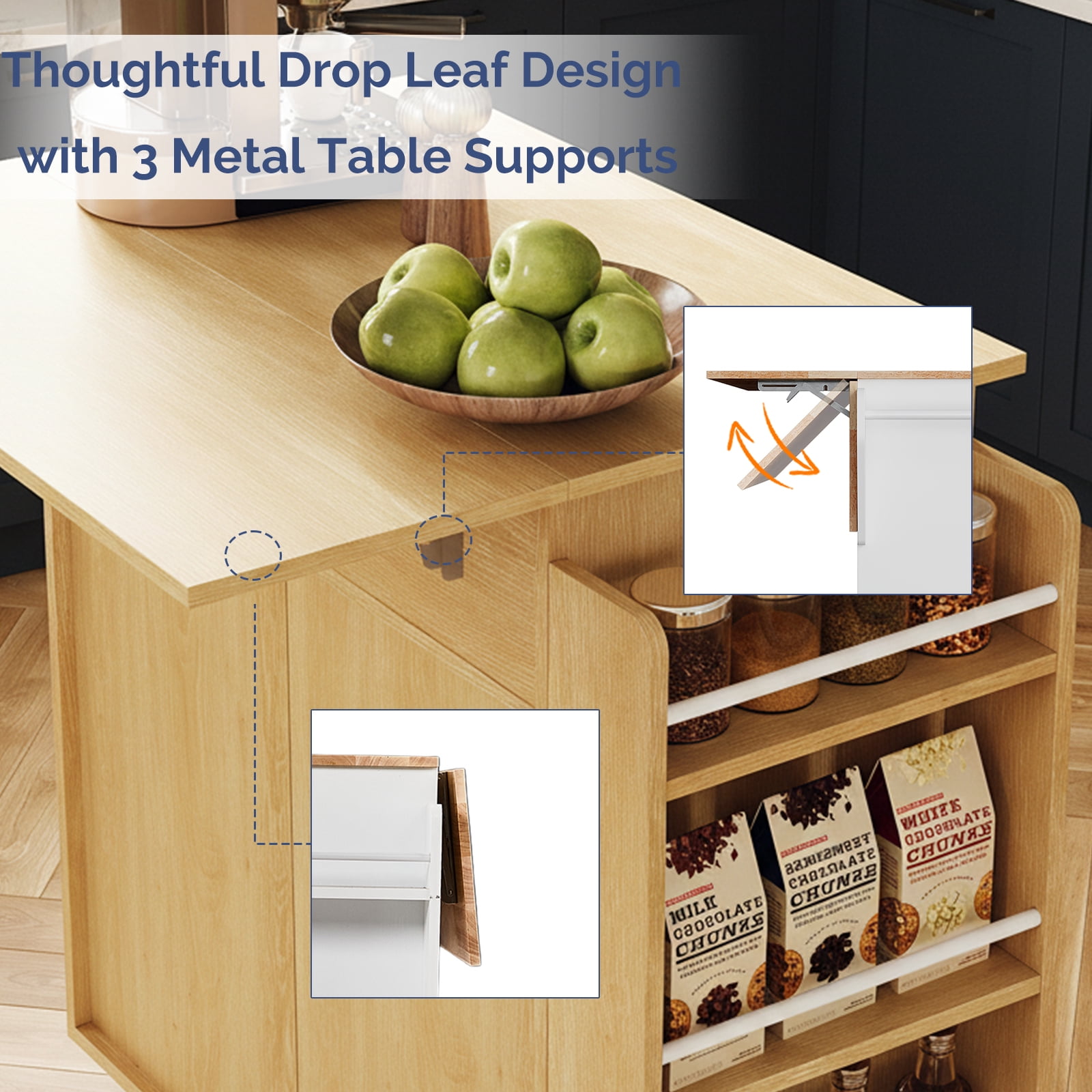 2-Door 1-Drawer Grille Food Cart Gold-Plated Aluminum Alloy Door Handles Vacuum-Formed Door Panels Rubberwood Countertop MDF Sideboard, 31.5*26.69*35.04in Oak
