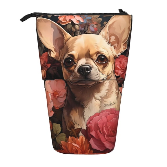 Kdxio Telescopic Pencil Bag Pen Holder Stationery Case,Stand-up Retractable Transformer Bag Organizer for Christmas Holiday(Vintage Red Flower Chihuahua)