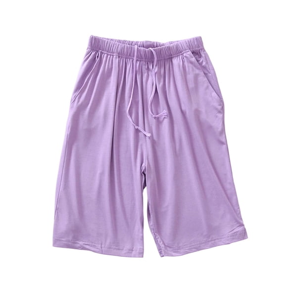 Lenpel Wide Leg Knee Length Pj Bottoms for Women Pleated Drawstring Elastic Waist Cropped Pajama Pants Comfy Soft Lounge Sleep Bottoms