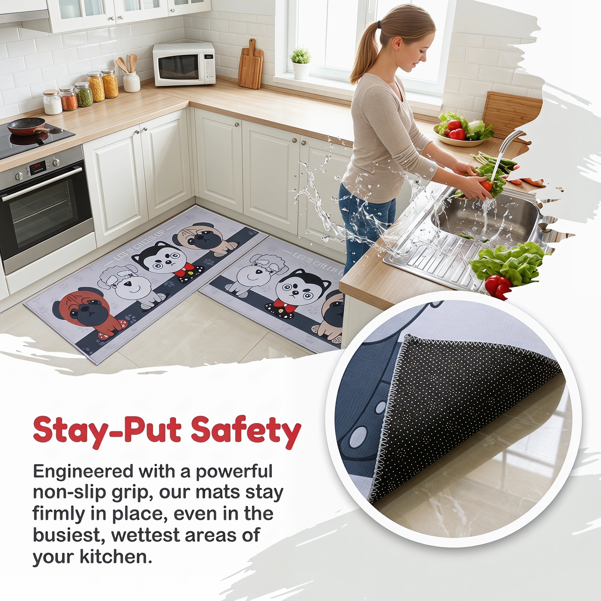 Unique Bargains Non Slip Dog Floral Printed Kitchen Rugs and Mats Gray 24"x16"+47"x16"